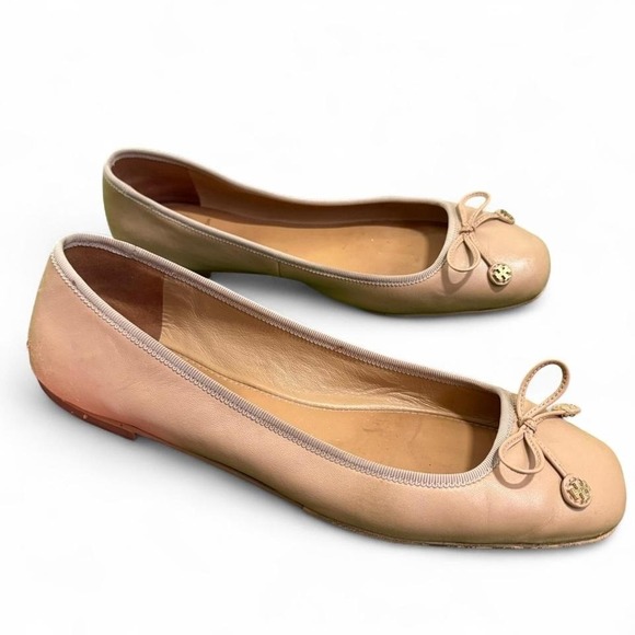 Tory Burch Laila Driver Square Toe Ballet Flats Bow Beige Size 9 Women's Shoes - Picture 1 of 8